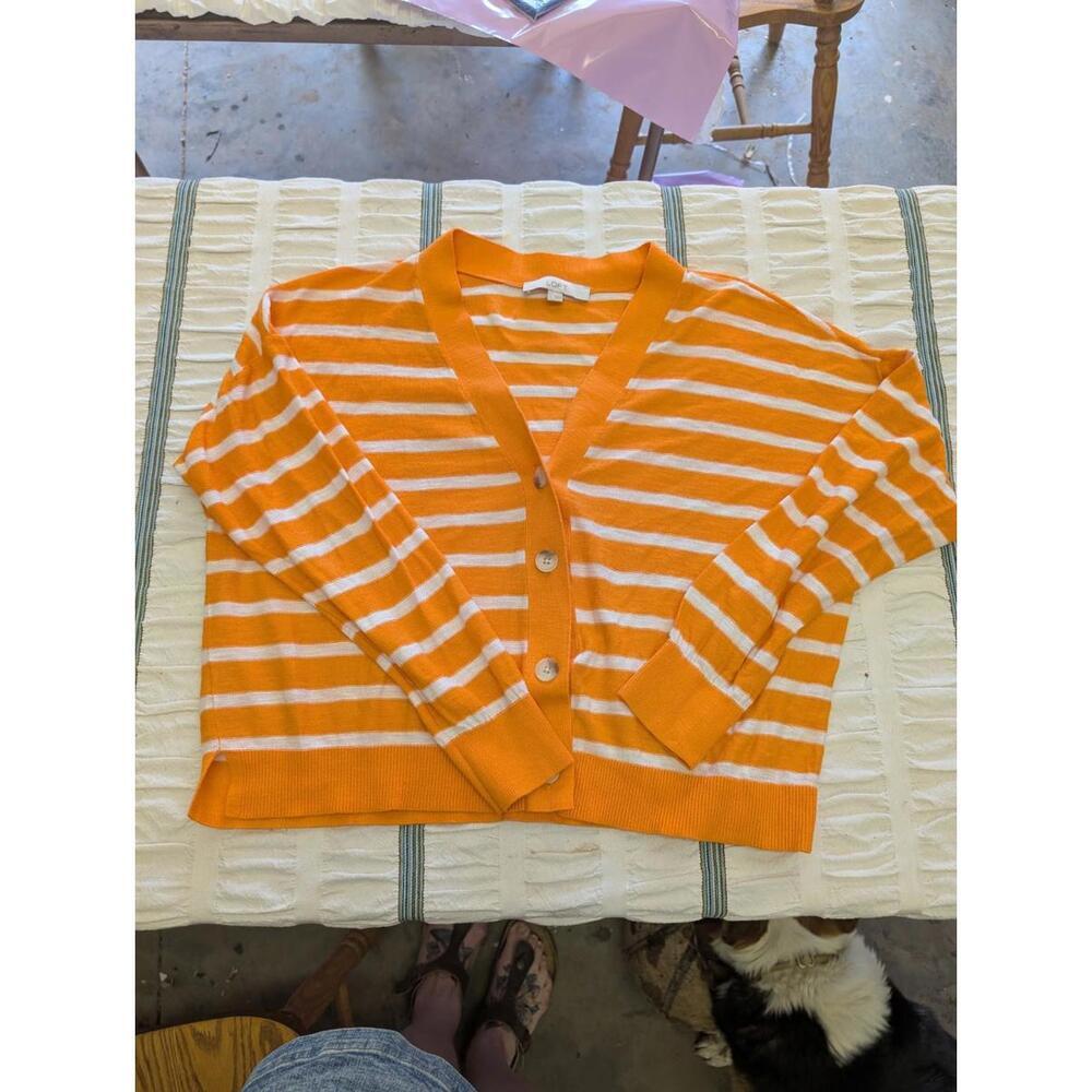 Loft Women's Orange White Stripe Sweater Cardigan Long Sleeve Large Button Front